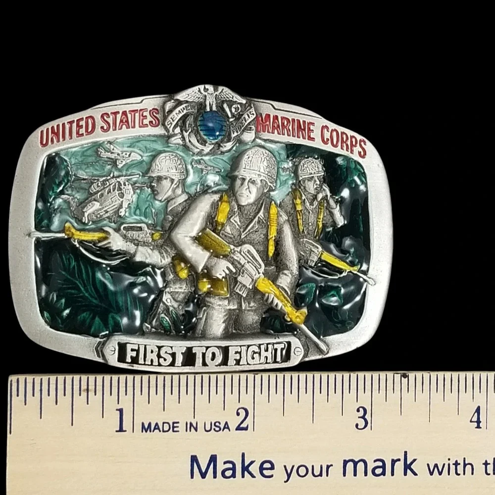United States Marine Corps First to Fight‎ Belt Buckle USMC Vintage 1982 Pewter